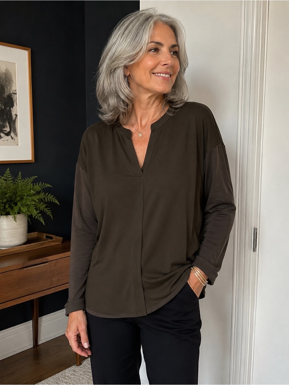 Lysse Millie Top in olive with scoop hem and v neck